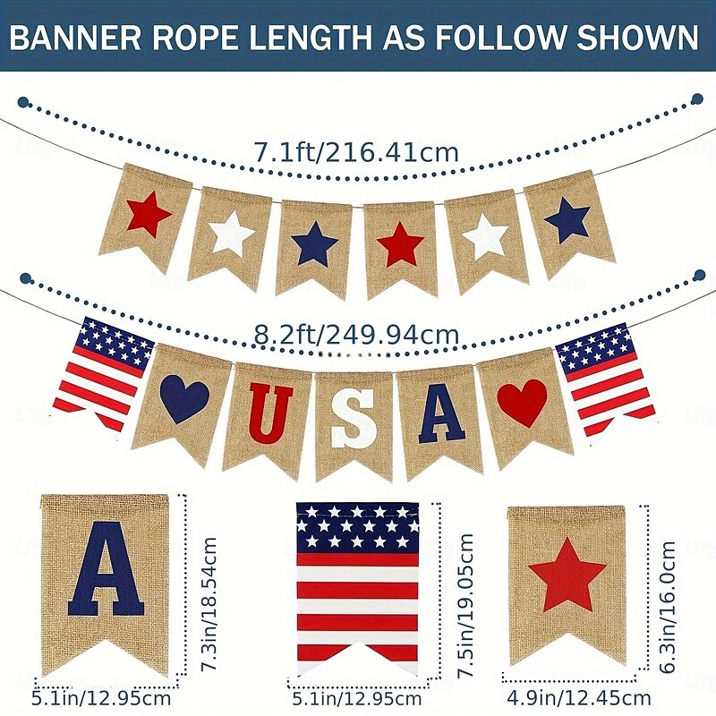 Patriotic USA Banner Burlap 4th of July Decorations Rustic Patriotic Banner Red White Blue Stars Bunting Garland for President Day 4th of July Party Supplies 4th of July Patriotic Outdoor Indoor hanging Decor3