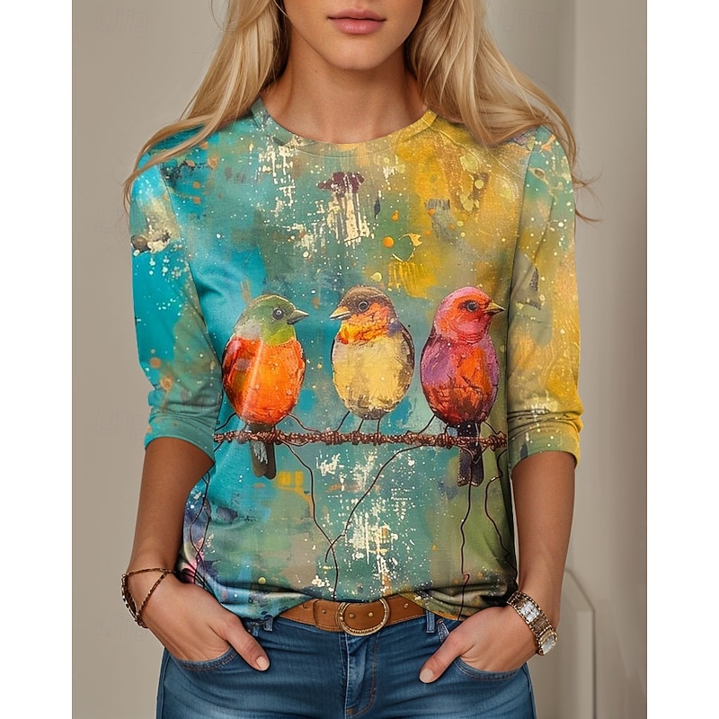 Women's T shirt Long Sleeve Crew Neck Long Sleeve Tunic Graphic Animal Bird Vintage Stylish Classic Regular Tops Daily Weekend Print Blue Green  Prefall