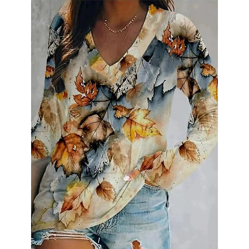 Women's T shirt Long Sleeve V Neck Long Sleeve Graphic Casual Floral Geometric Vintage Western Regular Tops Daily Weekend Vacation Wear Print Yellow Wine Dusty Rose Spring Fall Prefall4