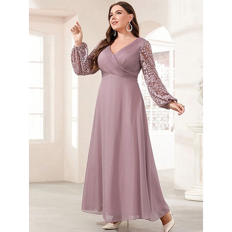 A-Line Evening Gown Elegant Dress Formal Wedding Floor Length Long Sleeve V Neck Chiffon with Floral Print2