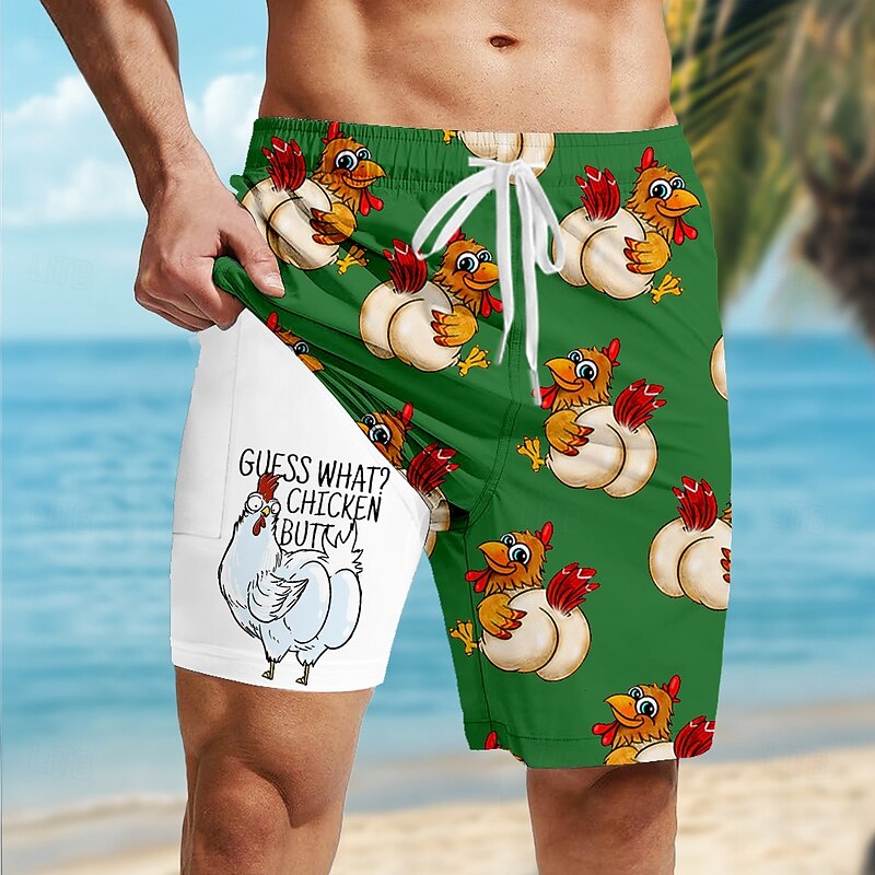 Men's Animal Chick Funny Lined Shorts 2 in 1 Board Shorts Swim Shorts Mid Waist Hawaiian Holiday Side Pockets With Compression Liner Elastic Drawstring Waist Designer Clothing Apparel4