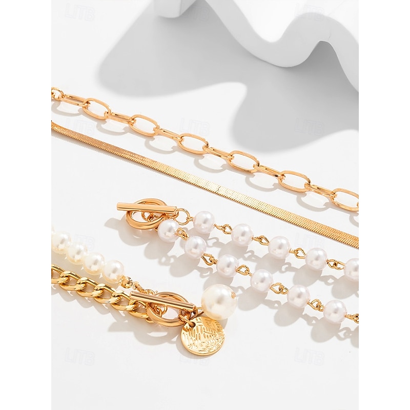 Women's Gold Chain and Pearl Bracelet Set, Fashion Toggle Clasp Jewelry, Elegant Layered Style for Girls and Women, Ideal for Parties Weddings,Office and Daily Wear4