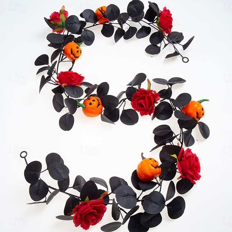 Halloween Black Artificial Rose Vine Garland, Faux Rose and Leaf Garland for Harvest Festival Home Decor, Spooky Floral Halloween Decoration4