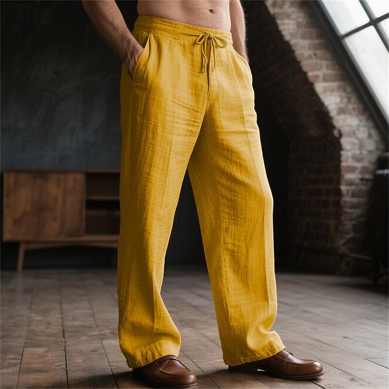 Men's Linen Pants Trousers Drawstring Pocket Elastic Waist Plain Comfort Breathable Daily Basic Black White