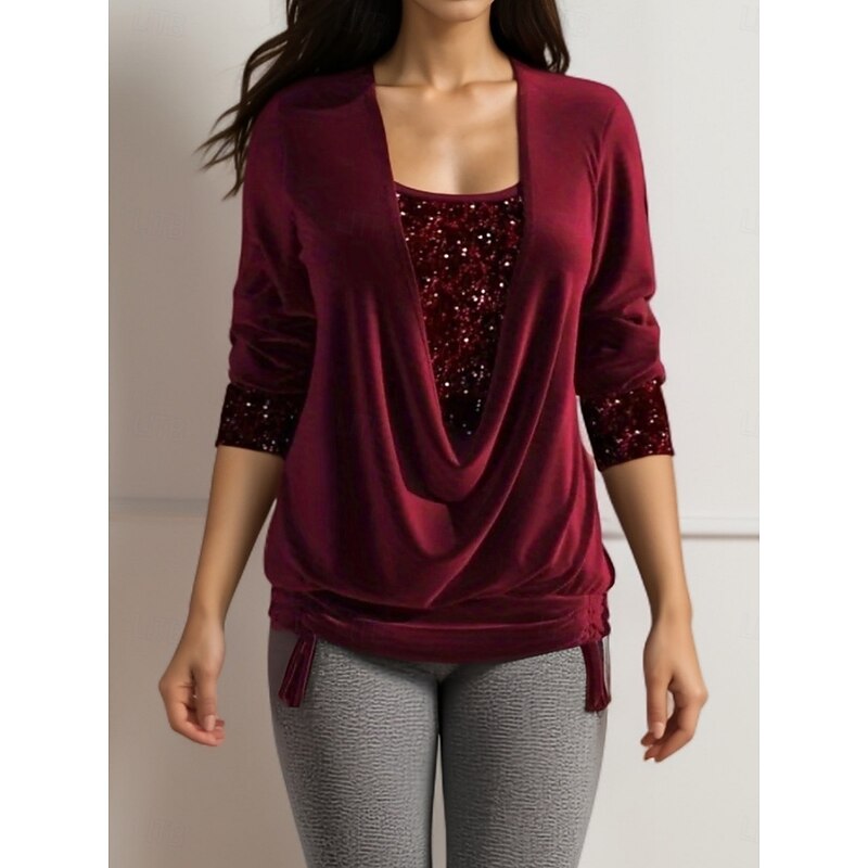 Women's Blouse Solid Color Stylish Casual Long Sleeve Crew Neck Regular Tops Daily Sequins Patchwork Black Pink Red Blue Summer Spring
