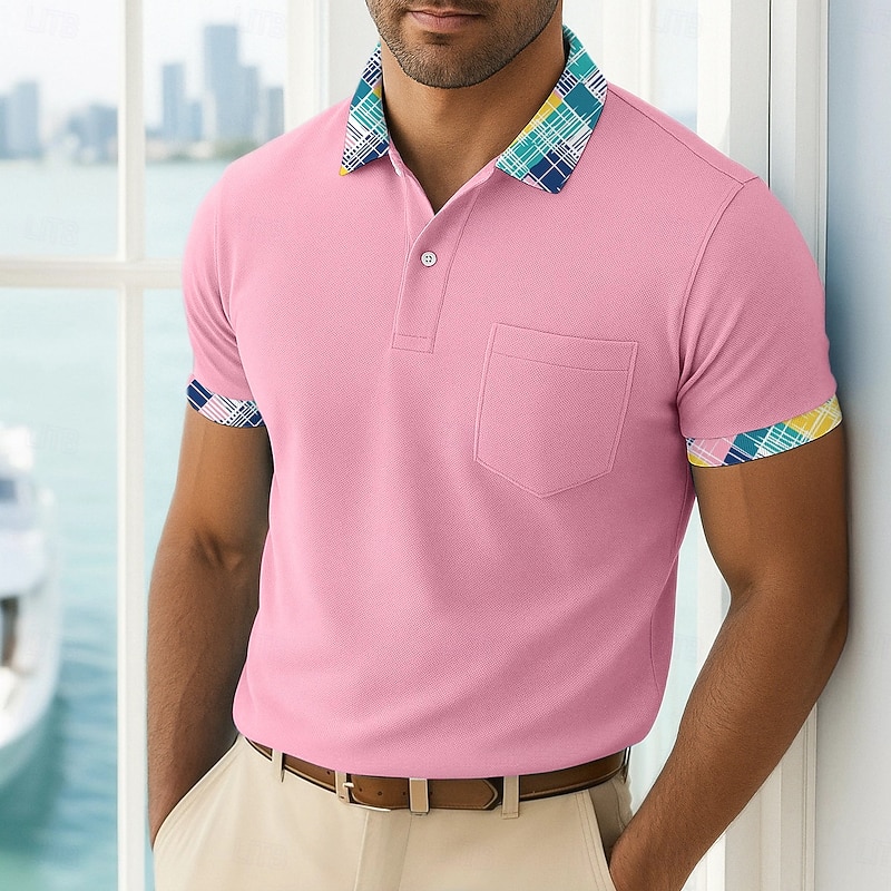 Men's Golf Shirt Vacation Business Classic Short Sleeve Fashion Basic Solid Color Plaid Buttons Summer Spring Spring &  Fall Regular Fit White Pink Navy Blue Green Golf Shirt