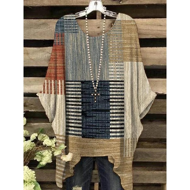 Women's Boho Shirt Graphic Geometric Elegant Bohemia Vintage Short Sleeve Batwing Sleeve Crew Neck Regular Tops Daily Holiday Beach Wear Print Denim Blue Light Brown Blue Orange Rainbow Summer Spring