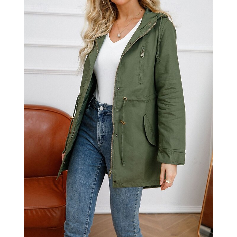 Women's Trench Coat Warm Comfortable Zipper Pocket Fashion Outdoor Plain Going out Weekend Zipper Regular Hooded Regular Fit Long Sleeve Outerwear Black White Army Green Fall Winter4