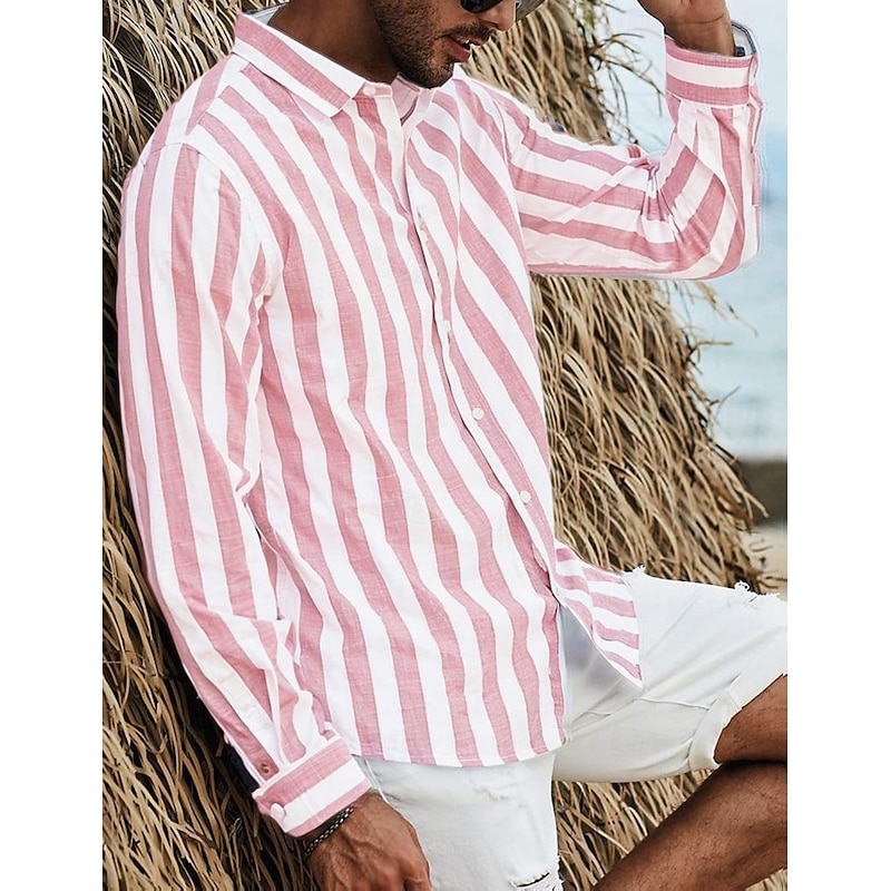 Men's Shirt Summer Shirt Beach Wear Button Up Shirt Light Pink Black Pink Sky Blue Dark Grey Long Sleeve Striped Collar Vacation Curise Clothing Apparel Fashion Leisure Hawaiian2
