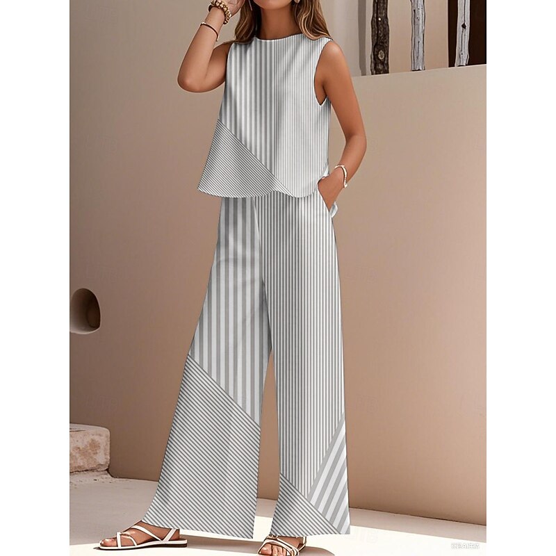 Women's Elegant Fashion Streetwear Two Piece Sets Blouse Vest Pants Trousers Sleeveless Crew Neck Outdoor Work Casual Striped Print Vacation Daily Holiday Blue Purple Green Summer Regular Fit3