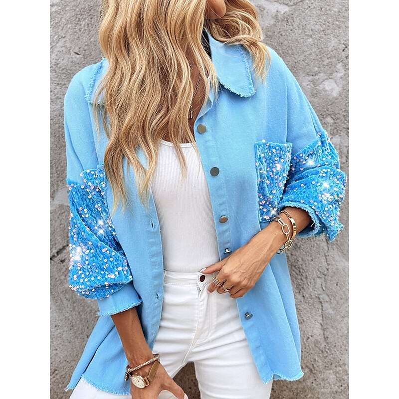 Women's Shirt Jacket Casual Jacket Breathable Comfortable Pocket Sequin Casual Plain Vacation Street Casual Daily Wear Single Breasted Regular Lapel Regular Fit Long Sleeve Outerwear Light Blue White4