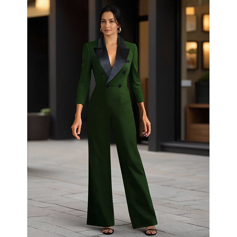 Women's Suits Jumpsuits Formal Wedding Guest Stretch Crepe Elegant Minimalist Casual 3/4 Sleeve Pleated Floor Length Peak Lapel Double Breasted3