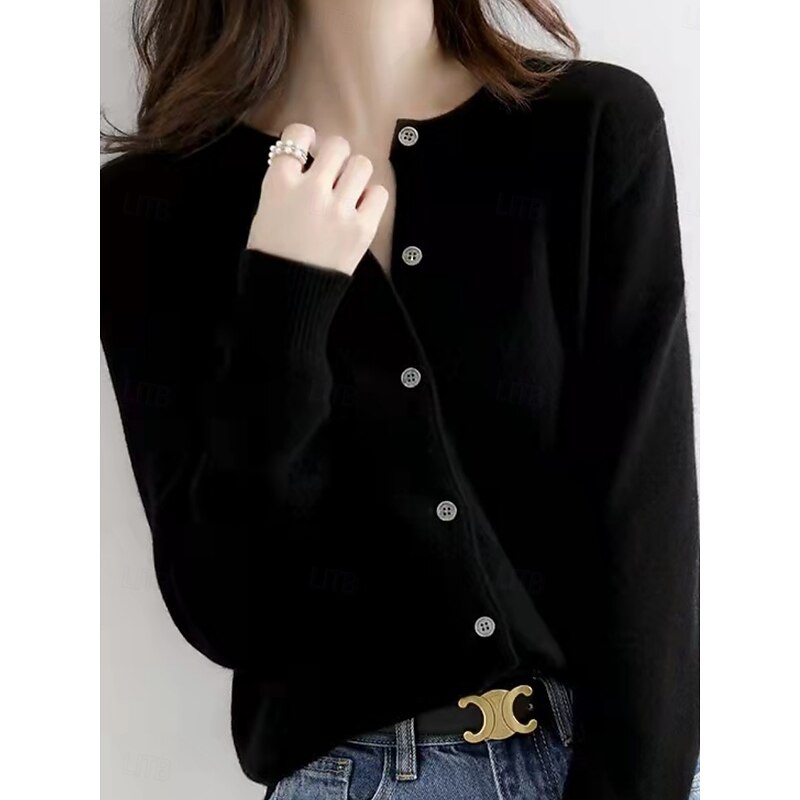 Women's Sweater Cardigan Elegant Fashion Streetwear Pure Color Crew Neck Pocket Knitted Long Sleeve Regular Tops Knit Outdoor Daily Weekend Black White Fall Winter3