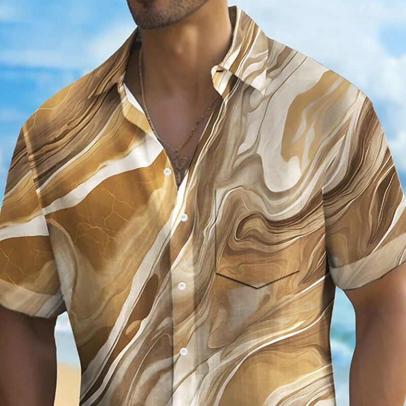 Men's Marble Abstract Liquid Art Shirt Summer Shirt Button Up Shirt Short Sleeve Fashion Casual Outdoor Vacation Dailywear Summer Spring Turndown 3D Print Collared Shirts Front One Pocket Purple Khaki2