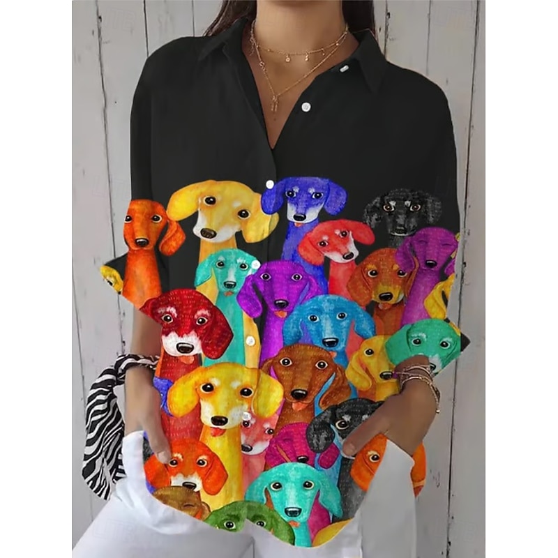 Women's Shirt Button Down Tunic Shirt Collar Long Sleeve Ombre Dog Active Cute Daily Regular Tops Work Daily s Print Black White Pink Blue Green Spring Fall3