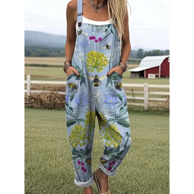 Women's Overall Active Floral Sleeveless Drawstring Vacation Street Loose Fit Navy Blue Blue Purple Summer4