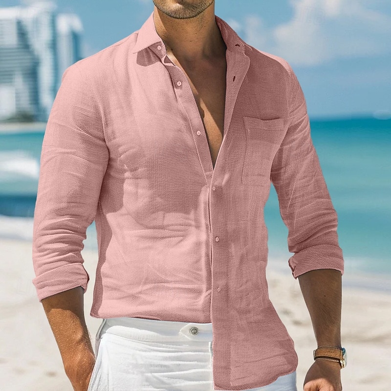Men's Shirt Linen Shirt Summer Shirt Beach Shirt Plain Holiday Daily Wear White Light Green Pink Blue Long Sleeve Turndown Summer Spring &  Fall Clothing Apparel Button-Down2