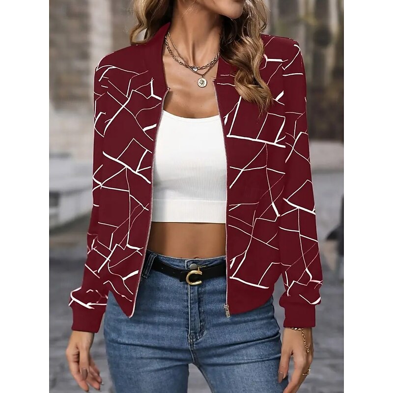 Women's Bomber Jacket Comfortable Breathable Zipper Print Casual Geometric Vacation Street Casual Daily Wear Zipper Regular Stand Collar Regular Fit Long Sleeve Outerwear Black Wine Navy Blue Spring3