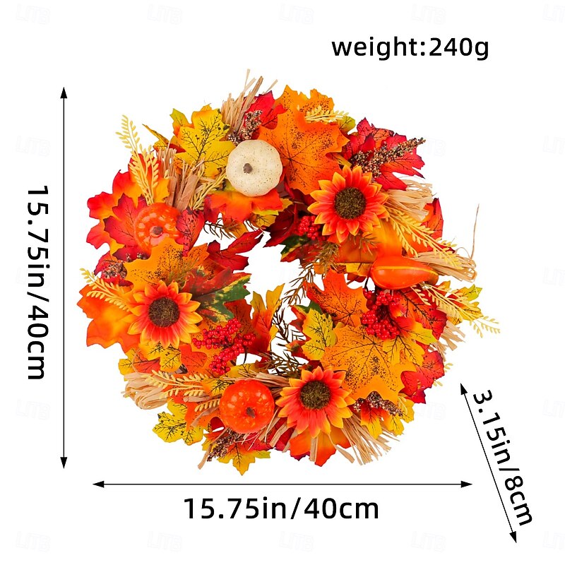 Fall Wreath for Front Door Thanksgiving Autumn Harvest Indoor Outdoor Decoration, Pumpkin Maple Leaf and Sunflower Artificial Grapevine Wreath Door and Window Hanging3