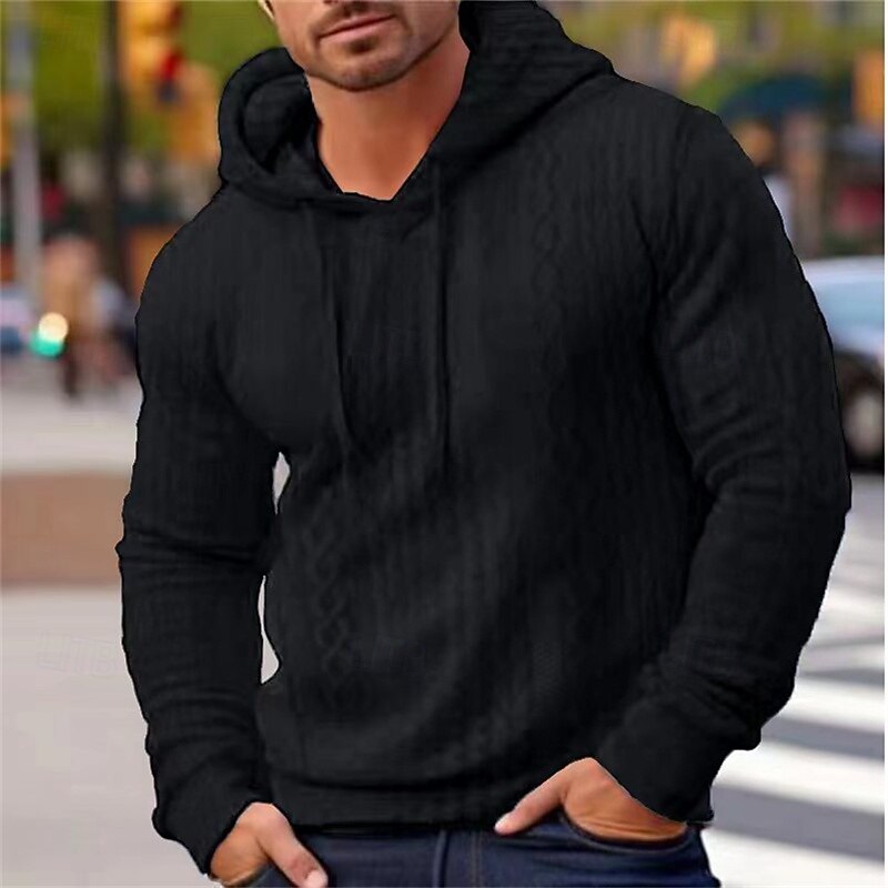 Men's Hoodie Black White Blue Gray Hooded Plain Jacquard Pocket Ribbed Textured Sports & Outdoor Daily Holiday Polyester Streetwear Basic Casual Spring Autumn / Fall Clothing Apparel Hoodies3