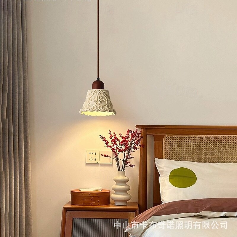Nordic Beige Resin Pendant Light Pattern Carving with Wood Dining Room Bedroom Suspension Lamp, Modern Lighting2