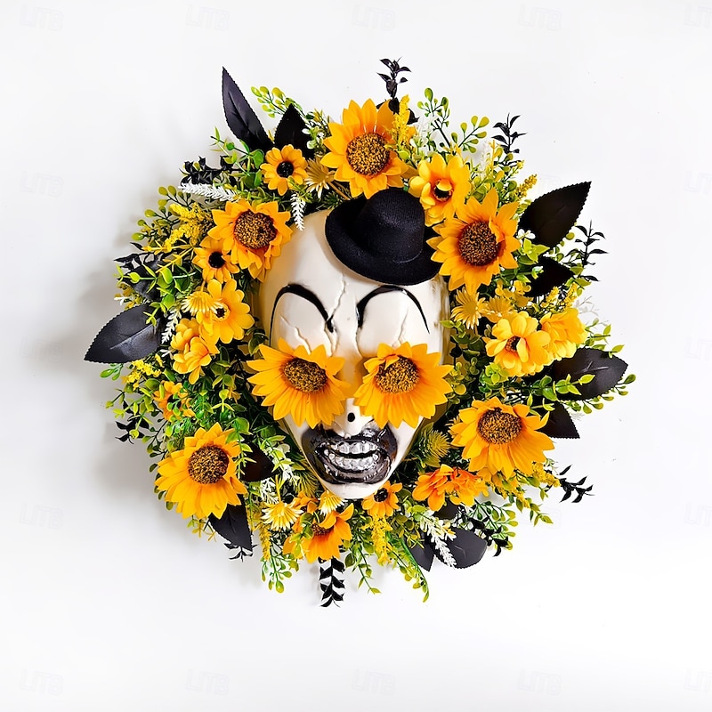Halloween Wreaths for Front Door Indoor Outdoor Decoration, Sunflower Skull Top Hat Floral Wreath for Holiday Porch Wall Hanging Decor