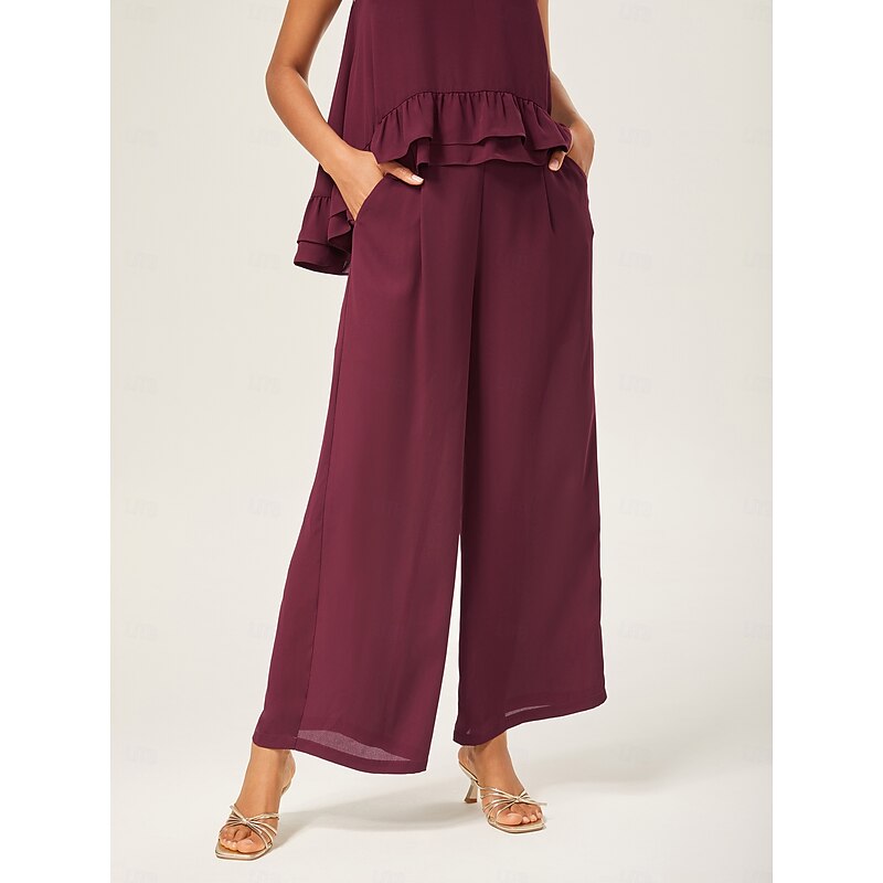 Women's Female Loose Culottes Wide Leg Full Length Chiffon Elegant Formal Burgundy Summer Spring XS S M4
