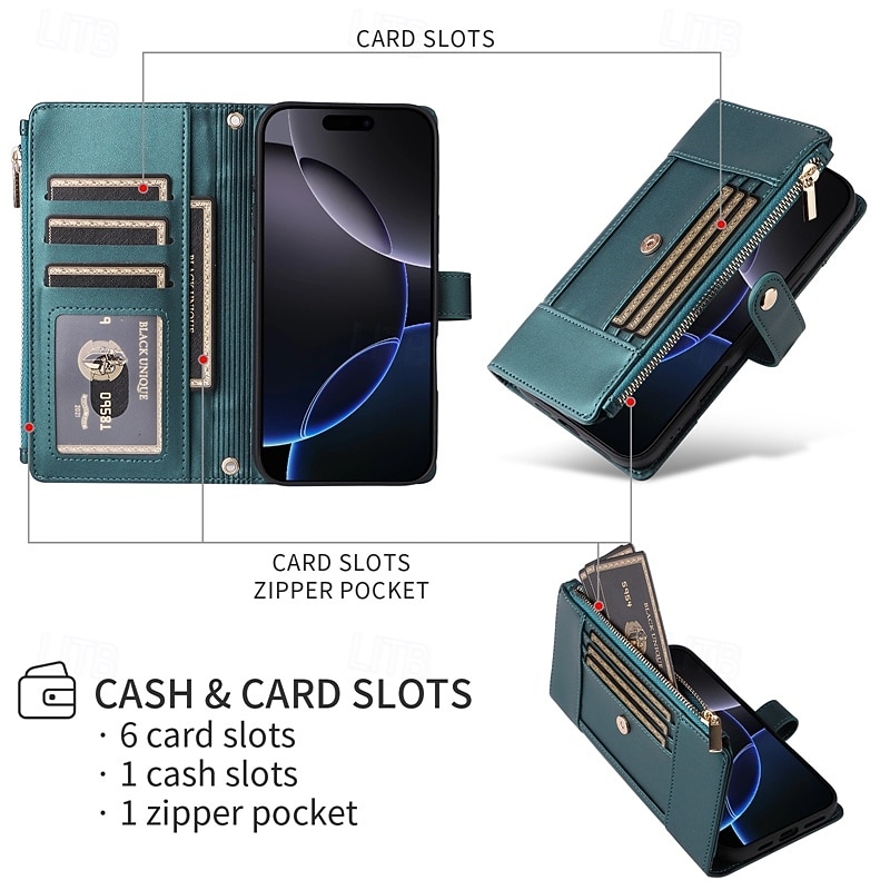 Phone Case For iPhone 16 15 14 Pro Max Plus 16e 13 Pro Max Wallet Case with Stand Holder Zipper Full Body Protective Retro TPU PU Leather3