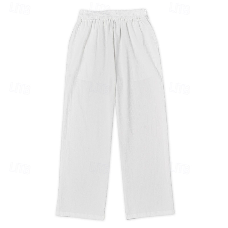 Men's Linen Pants Trousers Summer Pants Baggy Pants Beach Pants Drawstring Elastic Waist Straight Leg Plain Comfort Breathable Full Length Home Daily Holiday Vacation Fashion Black White Inelastic2