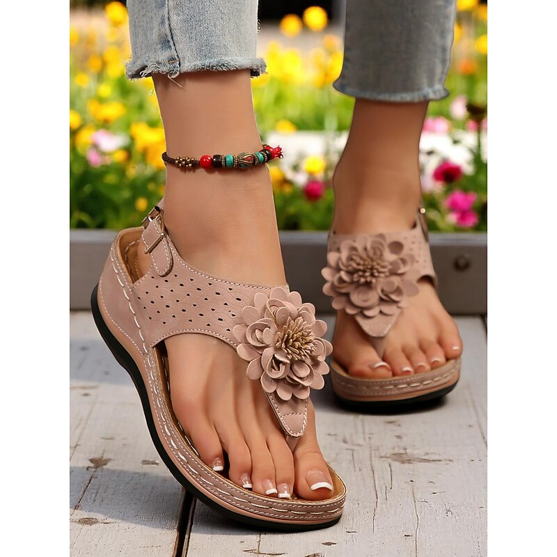 Women's Floral Embellished Comfort Sandals – Soft Sole Casual T-Strap Sandals for Ladies, Great for Garden Walks, Picnics and Daily Errands2