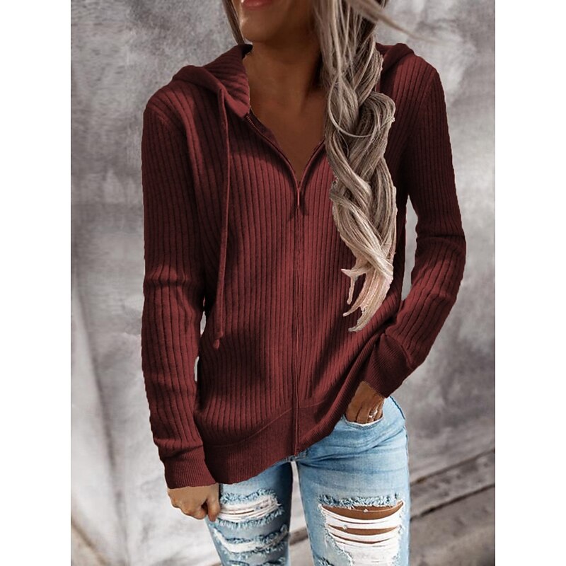 Women's Sweater Cardigan Elegant Fashion Streetwear Solid Color Hooded Zipper Knitted Long Sleeve Regular Tops Knit Outdoor Daily Weekend Black White Fall Winter4