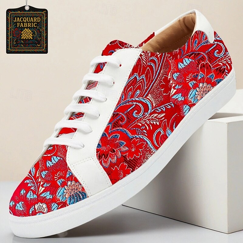 Men's Red Jacquard Fabric Sneakers Lightweight Lace-Up Design with Artistic Floral Pattern Ideal for Streetwear Fashion Casual and Weekend Outfits