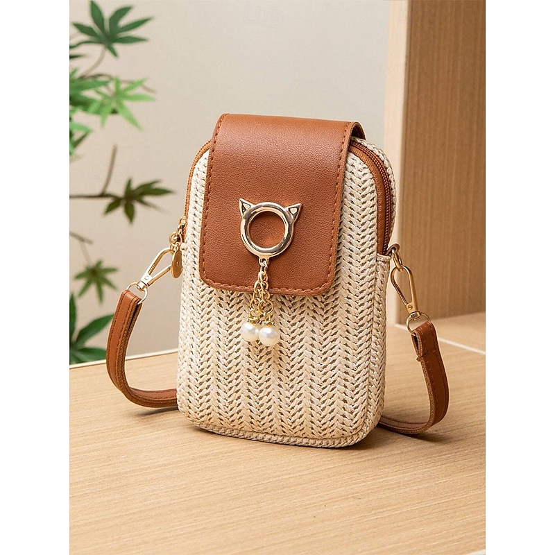 Women's Straw Crossbody Phone Bag with Cat Ears Pendant – Cute Woven Mini Purse, Casual Summer Style, Small Shoulder Bag for Teen Girls & Women, Ideal for Beach, Vacation & Daily Outings3