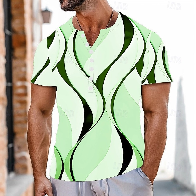 Men's Abstract Graphic Prints T Shirt Henley Shirt Short Sleeve Sports Fashion Designer Outdoor Street Casual Summer White Green Henley Henley T-Shirt4