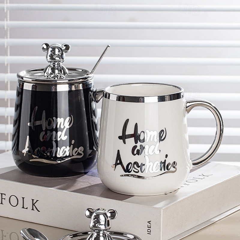 Ceramic Coffee Mug with Lid and Spoon, Cute Couple Cups for Office or Home, Breakfast Tea Mug for Men and Women2