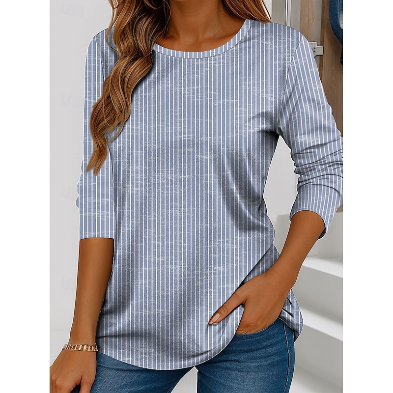 Women's T shirt Long Sleeve Crew Neck Long Sleeve Tunic Striped Basic Round Neck Regular Tops Daily Weekend Print Pink Blue Green Gray Fall & Winter Prefall