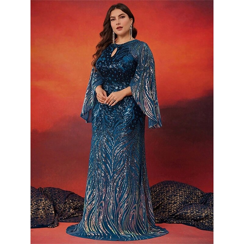 Mermaid / Trumpet Plus Size Dresses Elegant Curve Dress Formal Wedding Floor Length Long Sleeve Crew Neck Polyester with Slit4