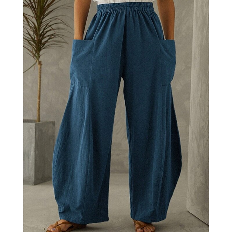 Women's Cotton Linen Pants Culottes Wide Leg Wide Leg Fashion Casual Full Length Mid Waist Plain Elastic Waist Comfortable Breathable Micro-elastic Street Daily Wear Going out Lake blue Dark Blue Gray2