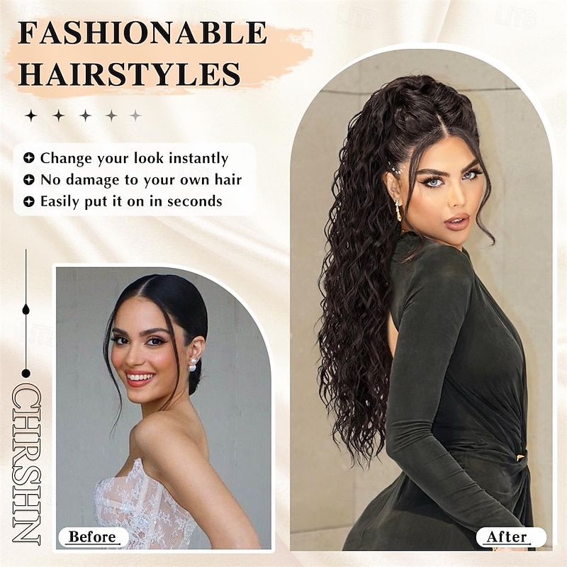 Ponytail Extension Claw Clip Ponytail Extension 26 Inch Long Dark Brown Curly Clip in Pony Tails Hair Extensions Synthetic Layered Fluffy Hairpieces for Women3