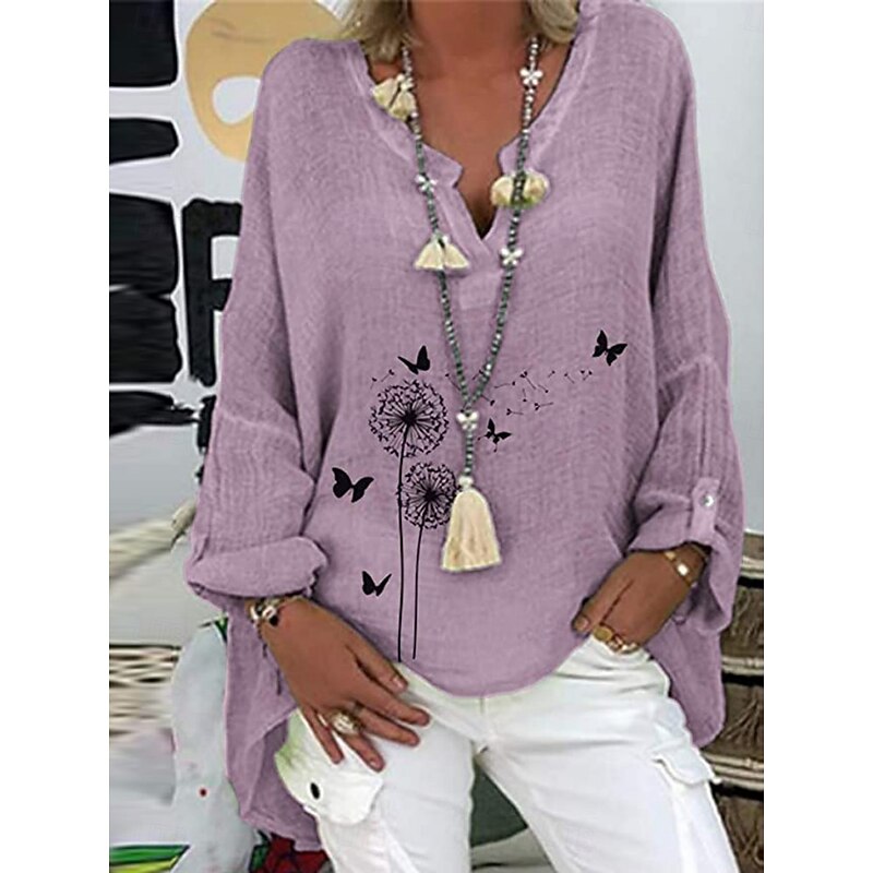 Women's Cotton Linen Shirts Floral Basic Casual Long Sleeve Shirt Collar Regular Tops Daily Print White Pink Navy Blue Purple Summer Fall4