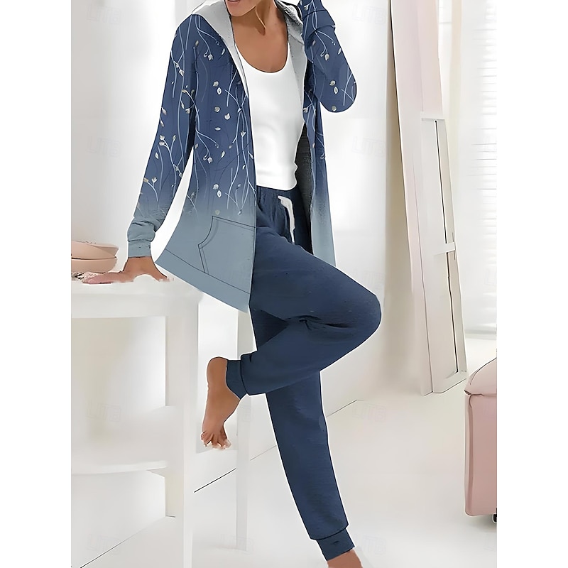 Women's 2 Pieces Tracksuits Pants Sets Long Sleeve Active Daily Hoodie Hooded Floral Graphic Drawstring Print Outdoor Casual Black Dark Navy Light Brown Fall & Winter Regular Fit3