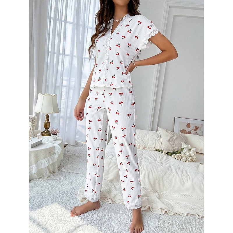 Women's Pajama Set Casual Comfort Cherry Elastic Waist Shirt Pant Home Daily Short Sleeve V Neck White Summer Spring Fall Regular Fit3