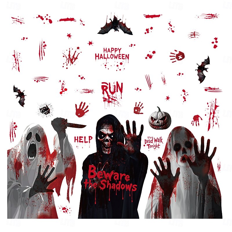 4 Sheets Halloween Window Cling Sticker Decals Decorations Double Side, Ghost Phantom Static Stickers with Bloody Handprint for Store Window Display and Glass Decor4