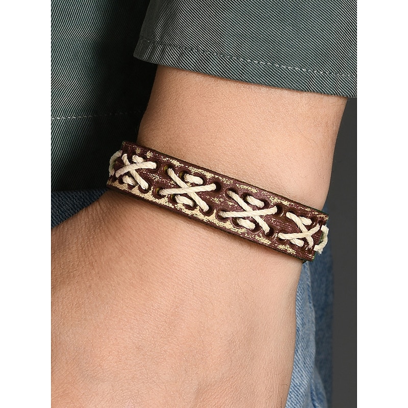 Men's Bohemian Style Vintage Leather Braided Bracelet with Buckle Closure and Braided Cord Decoration - Adjustable Western Cuff for Casual Wear and Gifts