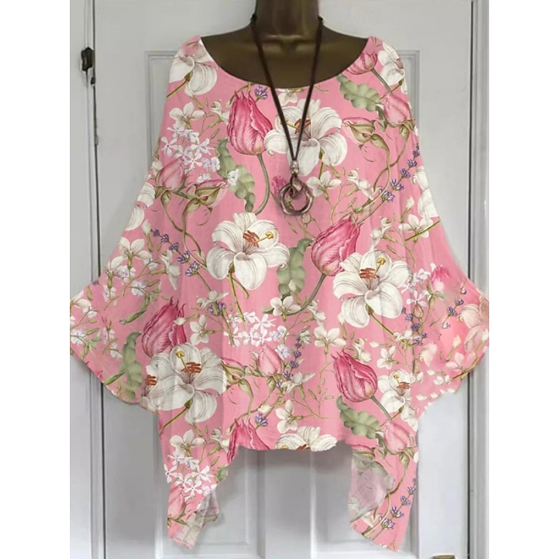 Women's Boho Shirt Floral Graphic Elegant Bohemia Active Short Sleeve Batwing Sleeve Boat Neck Regular Tops Daily Holiday Beach Wear Yellow Pink Blue Khaki Beige Summer Spring3