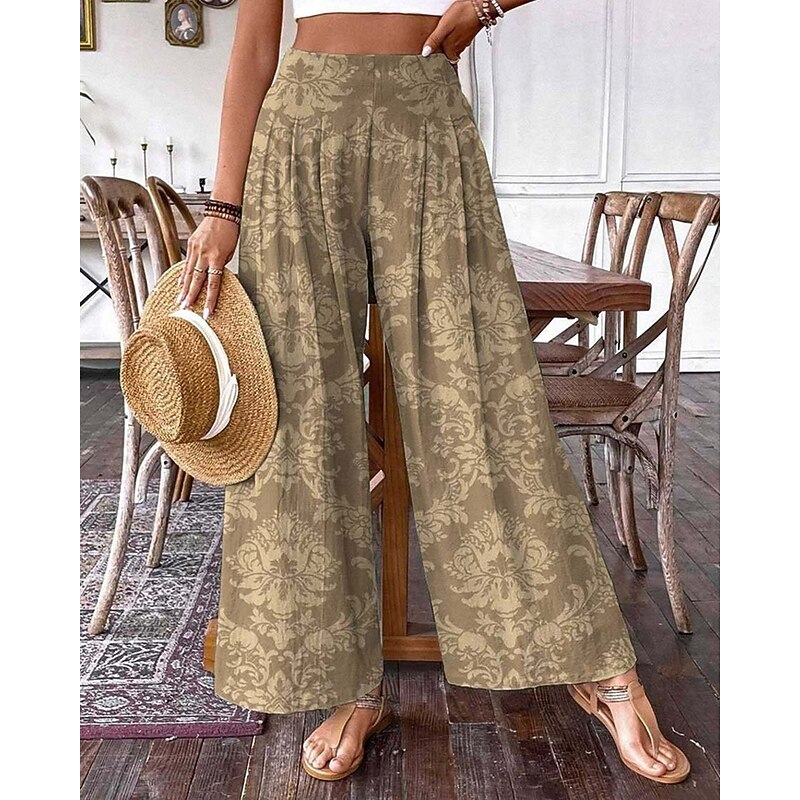 Women's Pants Trousers Palazzo Pants Fashion Boho Full Length High Waist Floral Elastic Waist Comfy Comfortable Micro-elastic Street Daily Wear Going out Khaki Summer Spring Regular Fit