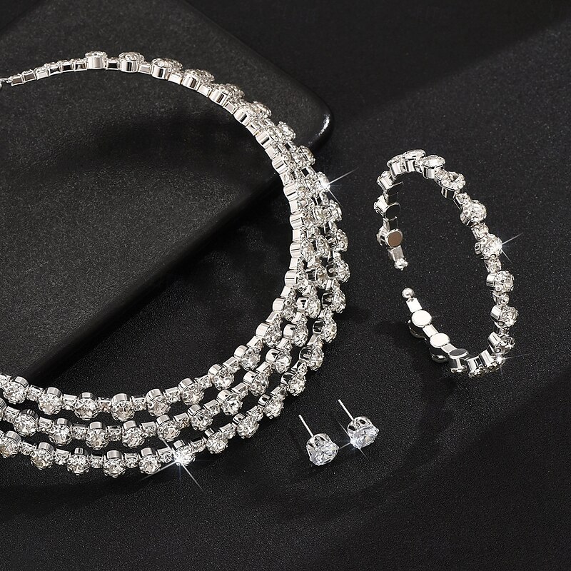 Bridal Jewelry Sets Three-piece Suit Zircon 1 Necklace Earrings Bracelets Women's Elegant Stylish Unique Design Lovely Layered Love Precious Jewelry Set For Wedding Christmas Birthday3