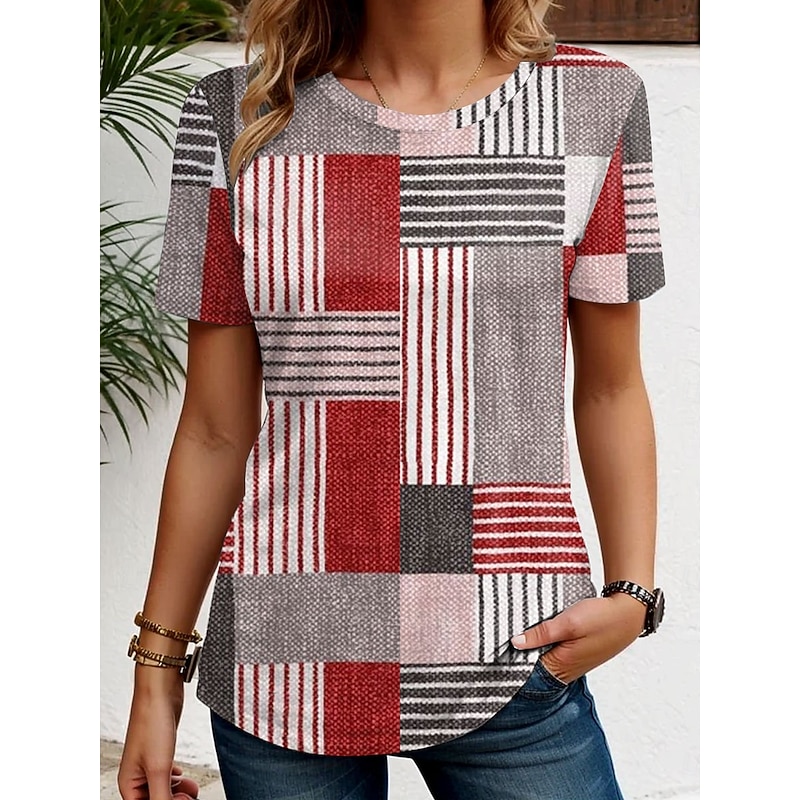 Women's T Shirt Graphic Geometric Vintage Stylish Classic Short Sleeve Crew Neck Regular Tops Daily Weekend Print Red Blue Purple Gray Summer Spring