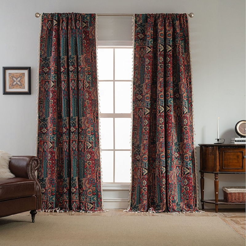 Jacquard Curtains 1 Panel with Tassels for Bedroom Living Room Windows Thermal Insulated Room Darkening Rod Pocket Curtains2