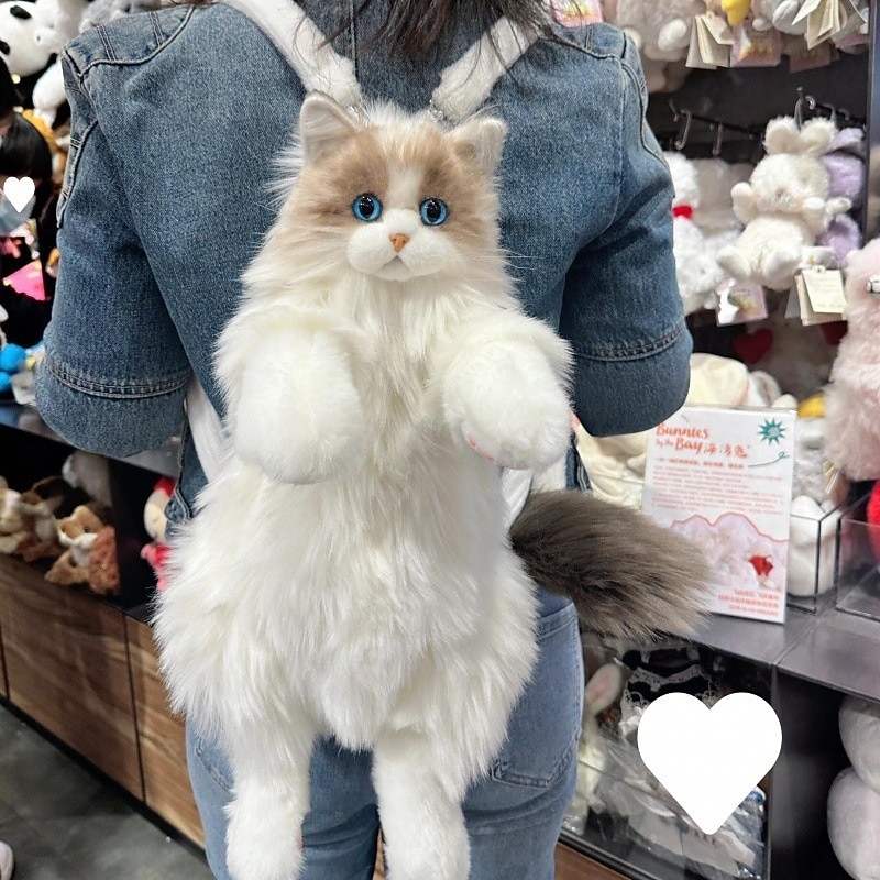 Stuffed Animals Backpack - Cute Cat plush Backpack Handcrafted Realistic Cat Shaped Backpack Idea for Birthdays Anniversaries Ordinary days Large Ragdoll Bag